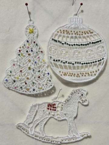 Beaded Lace Ornaments by Jerrine Kirsch©2024, Machine Embroidery Free Standing Lace Ornaments	, Bead on Lace, Beaded Ornaments, Bead Embroidery on lace