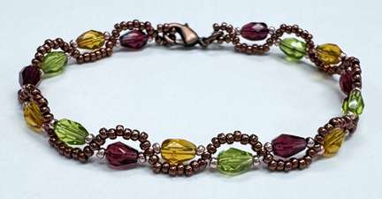 Fall Matters by Lori Ahlin©2025, Cross Weave Stitch Class, Czech Drops, Beaded Bracelet, Duracoat Seed beads, Beaded bracelet class, Bead Class Henderson Nevada, Bead Class Las Vegas	