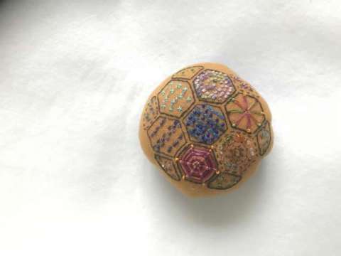 Intro to Hand Embroidery by Jerrine Kersch©2024, Bead Embroidery, Wool pin cushion, Back stitch, Daisy stitch, Running stitch, Outline stitch, French knot, Chain Stitch, Whipped stitch, Straight stitch, bead embellishment