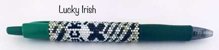 Lucky Irish Pen by Lori Ahlin©2021, St Patty’s Day, Beaded Pen, beaded Shamrock, Beaded Pen Class, Delica Beads, St Patricks day, Irish pen, Lucky Pe