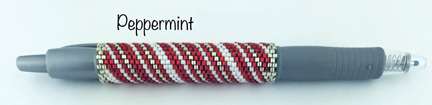 Peppermint Pen by Lori Ahlin©2021, holiday stripes, Beaded Pen, beaded candy cane, Beaded Pen Class, Delica Beads, Christmas, Striped Pen wrap