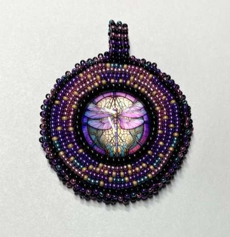 Poppin’ Pendant by Lori Ahlin©2024, Bead Embroidery Class, Seed Bead Pendant, Duracoat Seed beads, seed bead embellishment, Rolled Edge, Miyuki  beads