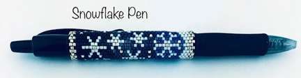 Snowflakes Pen by Lori Ahlin©2021, Peyote Snowflakes, Beaded Pen, beaded snowflakes, Beaded Pen Class, Delica Beads