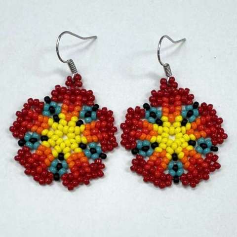 Sunburst Flower by Lori Ahlin©2026, Huichol Stitch Class, Beaded earring, Seed bead flower, Miyuki beads, Beaded Earring class, Bead Class Henderson Nevada, Bead Class Las Vegas, Beaded Huichol Earring,