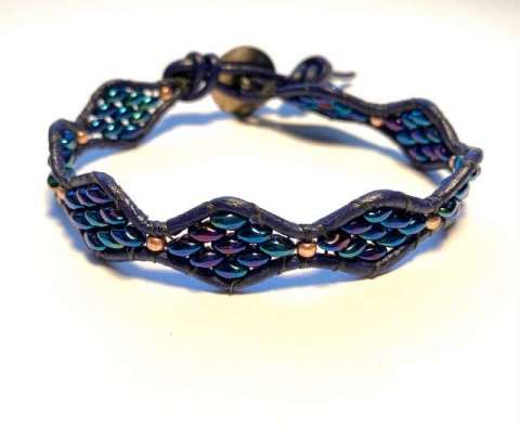 Triton by Lori Ahlin©2022, Bracelet, Leather Beaded bracelet, beaded Leather Wrap, Roman Wrap bracelet, Firepolish, SuperDuo beads, Duracoat Seed Beads
