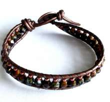Fall Wrap by Lori Ahlin©2025, Bracelet, Leather Beaded bracelet, beaded Leather Wrap, Roman Wrap bracelet, Firepolish, Duracoat Seed beads		