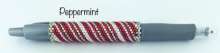 Peppermint Pen by Lori Ahlin©2021, holiday stripes, Beaded Pen, beaded candy cane, Beaded Pen Class, Delica Beads, Christmas, Striped Pen wrap