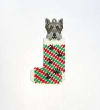 Surprise Stocking by Lori Ahlin©2021, Santas Around the World, Beaded Schnauzer, Delica beads, Beads, Christmas Ornament, Beaded Christmas Ornament, Stocking Ornament, Beaded Dog, Dog in Stocking, Schnauzer in Stocking