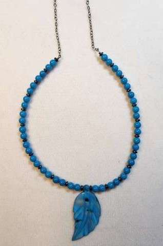 Aqua MOP Leaf Necklace by Rene' Despres©2024, Adding beads onto wire, Adding crimps and a Clasp & Open/Close Jump Rings